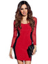Red Black Hourglass Mesh Long Sleeves Bodycon Dress
